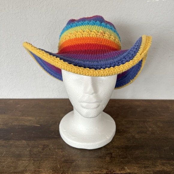 Crocheted Rainbow Sun Hat Island Planet Miami Eclectic Grandpa Wire Brim‎ - Picture 2 of 7